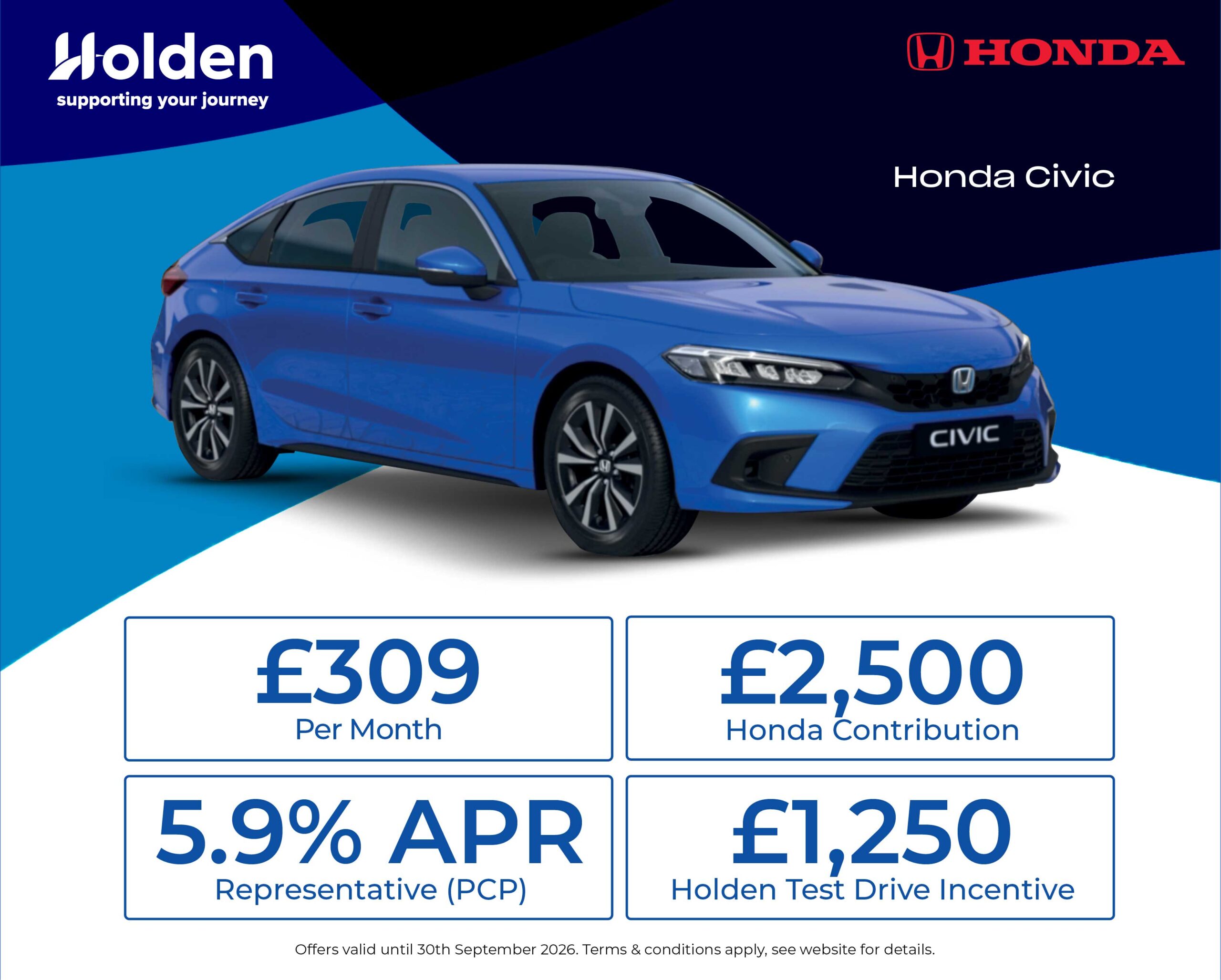 Honda Civic personal contract plan headline offer banner with a call to action to see more offers.