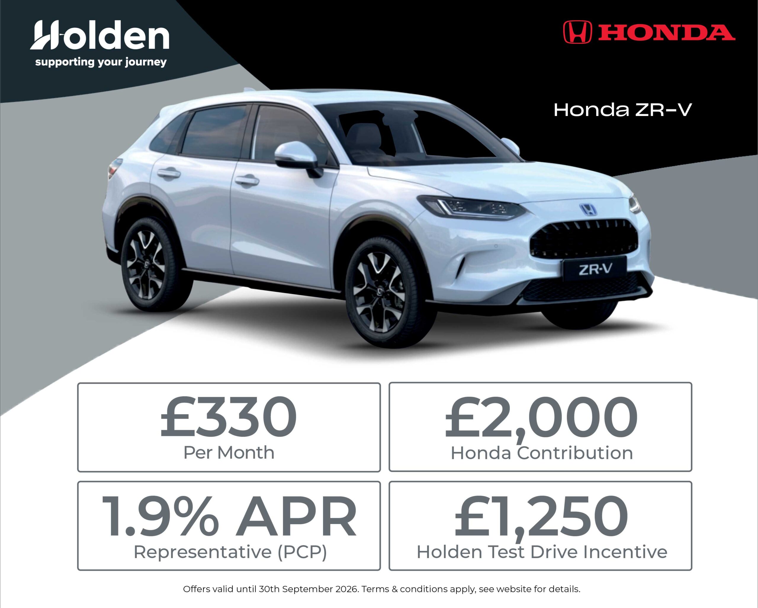 Honda ZR-V personal contract plan headline offer banner with a call to action to see more offers.
