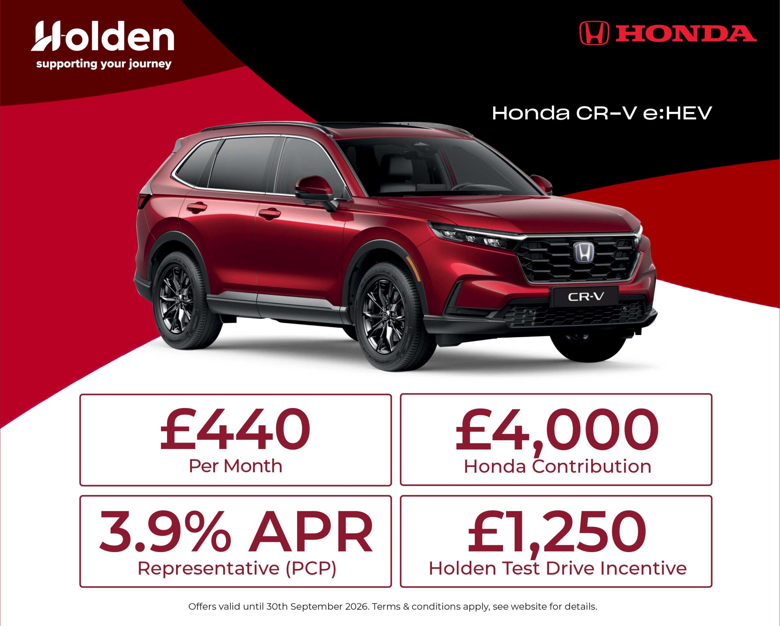 Honda CR-V e:HEV personal contract plan headline offer banner with a call to action to see more offers.