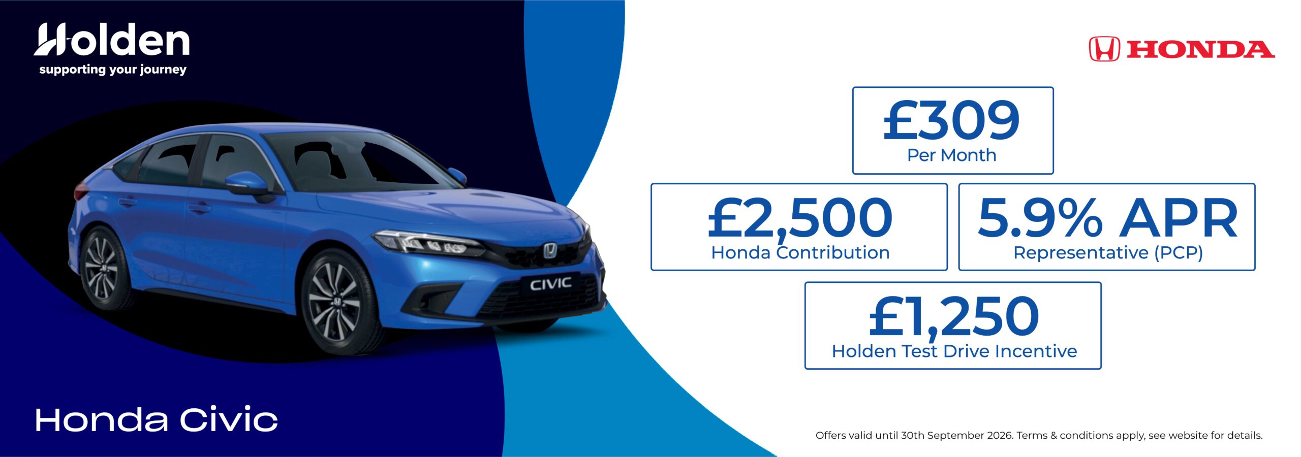 Honda Civic personal contract plan headline offer banner with a call to action to see more offers.