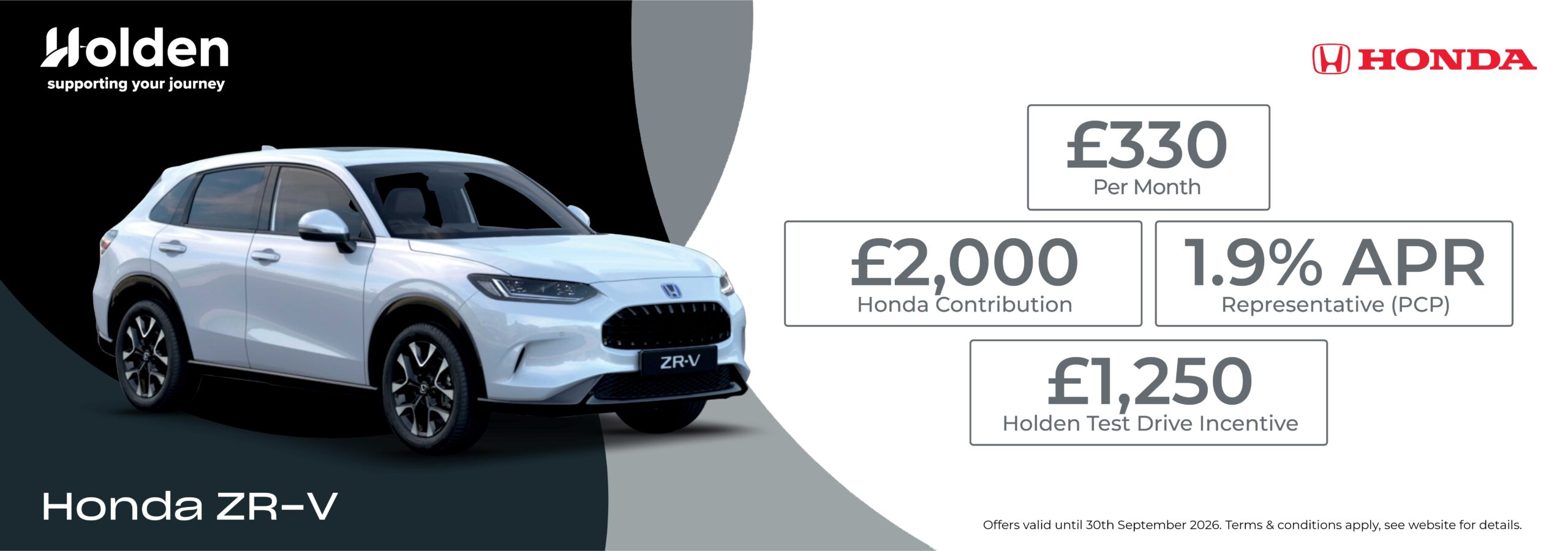 Honda ZR-V personal contract plan headline offer banner with a call to action to see more offers.