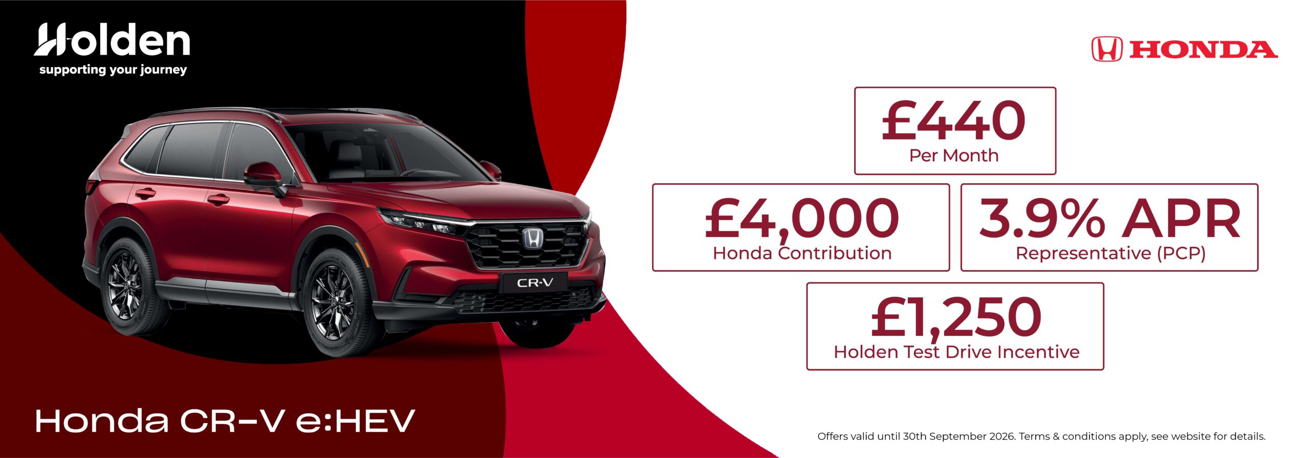 Honda CR-V e:HEV personal contract plan headline offer banner with a call to action to see more offers.