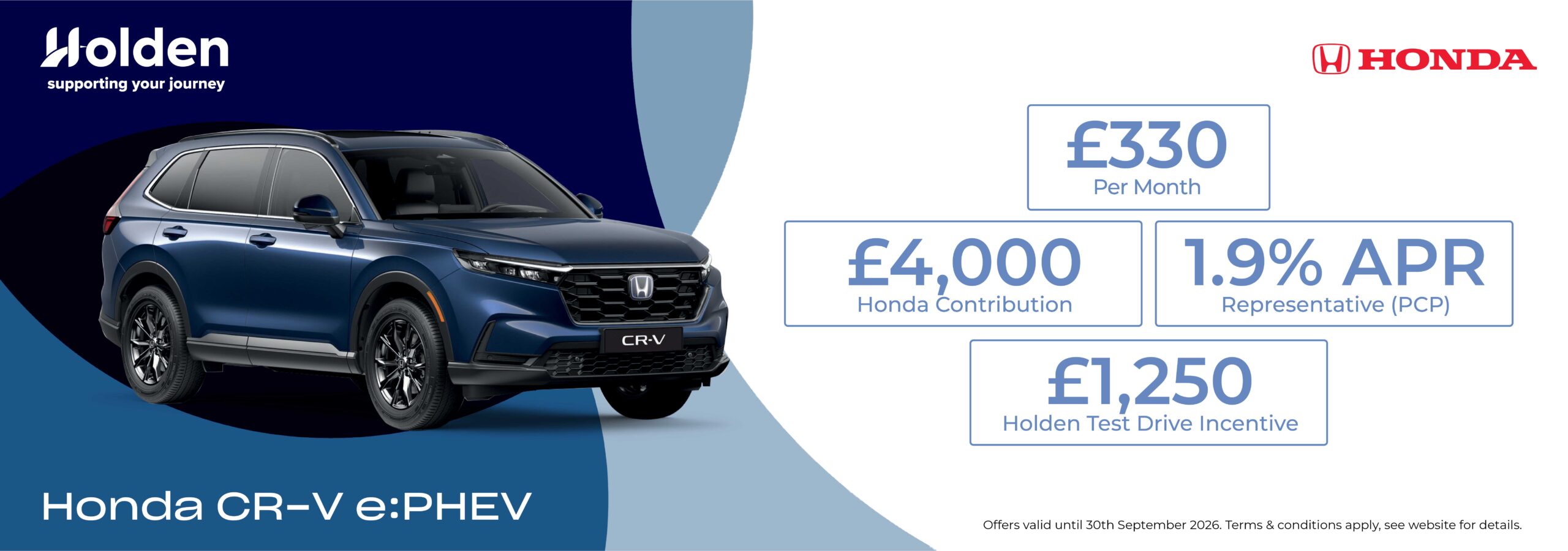 Honda CR-V e:PHEV personal contract plan headline offer banner with a call to action to see more offers.