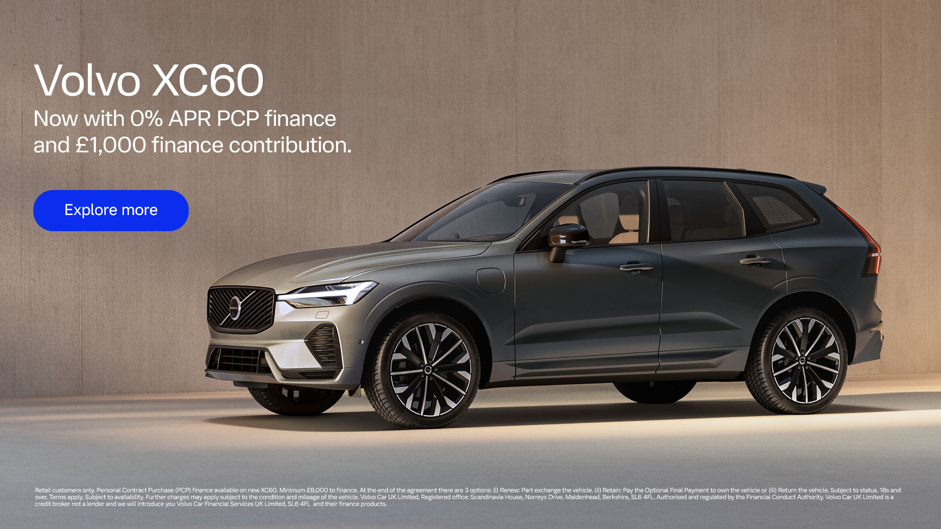 Volvo XC60 personal contract plan headline offer banner with a call to action to see more offers.