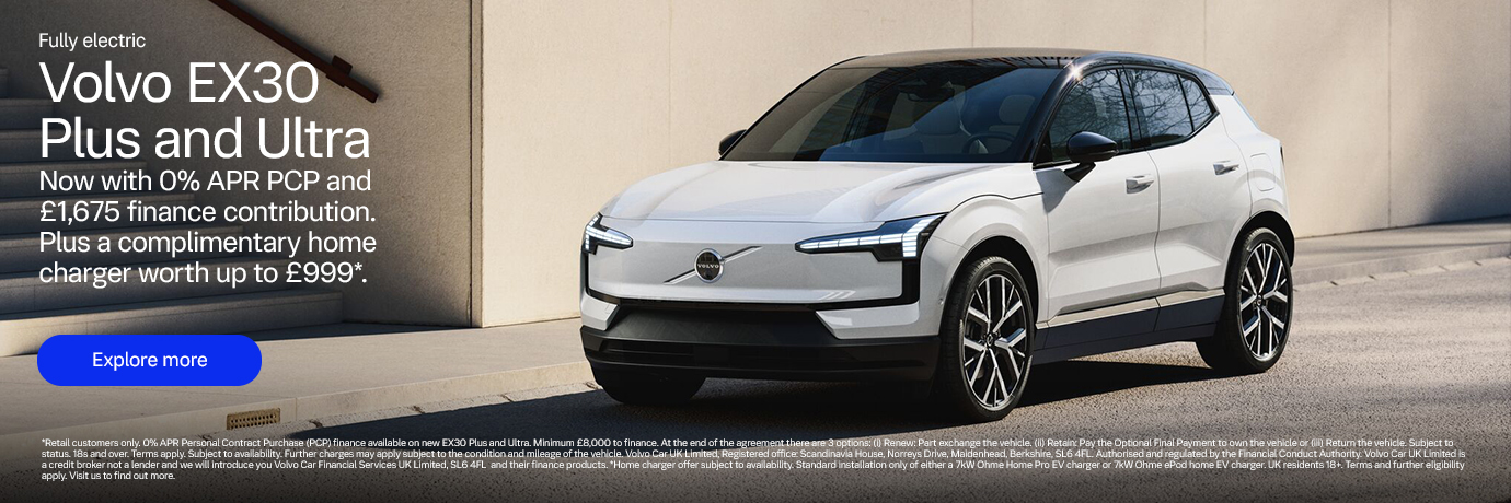 Volvo EX30 personal contract plan headline offer banner with a call to action to see more offers.