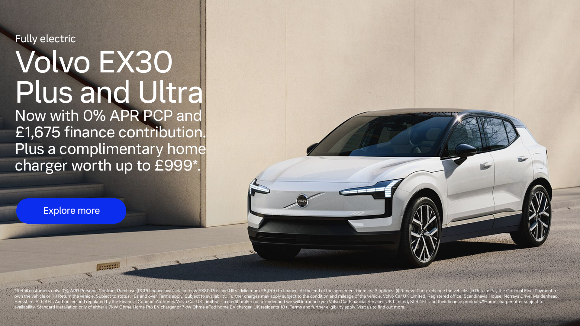 Volvo EX30 personal contract plan headline offer banner with a call to action to see more offers.