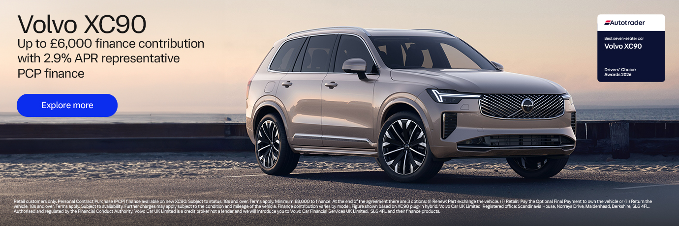 Volvo XC90 personal contract plan headline offer banner with a call to action to see more offers.