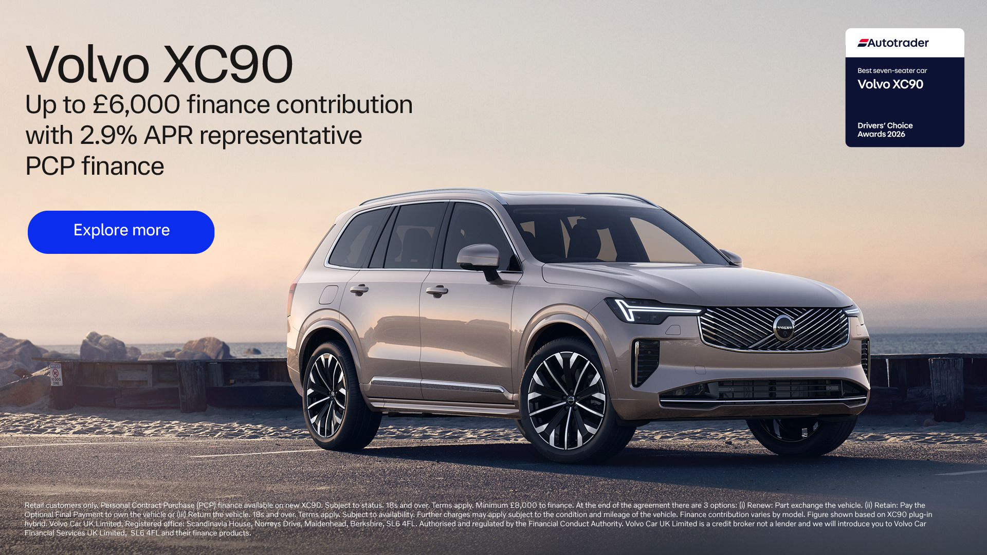 Volvo XC90 personal contract plan headline offer banner with a call to action to see more offers.