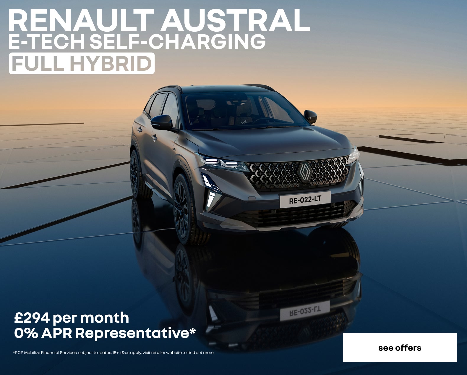 Renault Austral personal contract plan headline offer banner with a call to action to see more offers.
