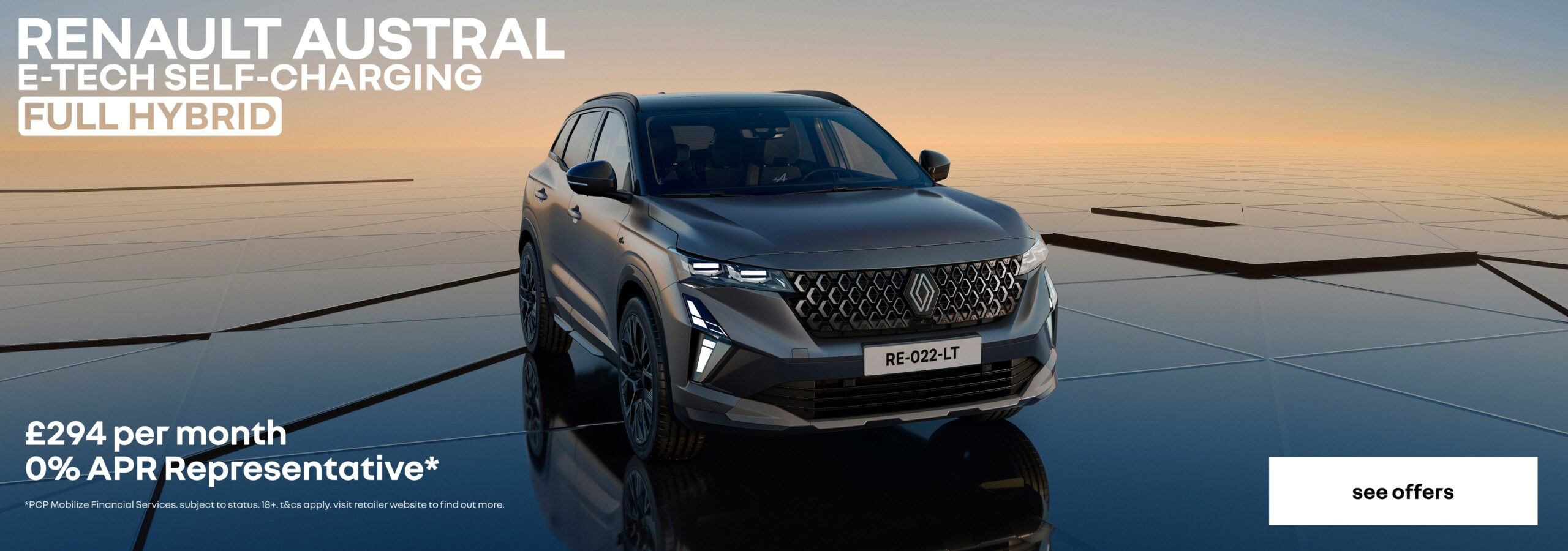 Renault Austral personal contract plan headline offer banner with a call to action to see more offers.
