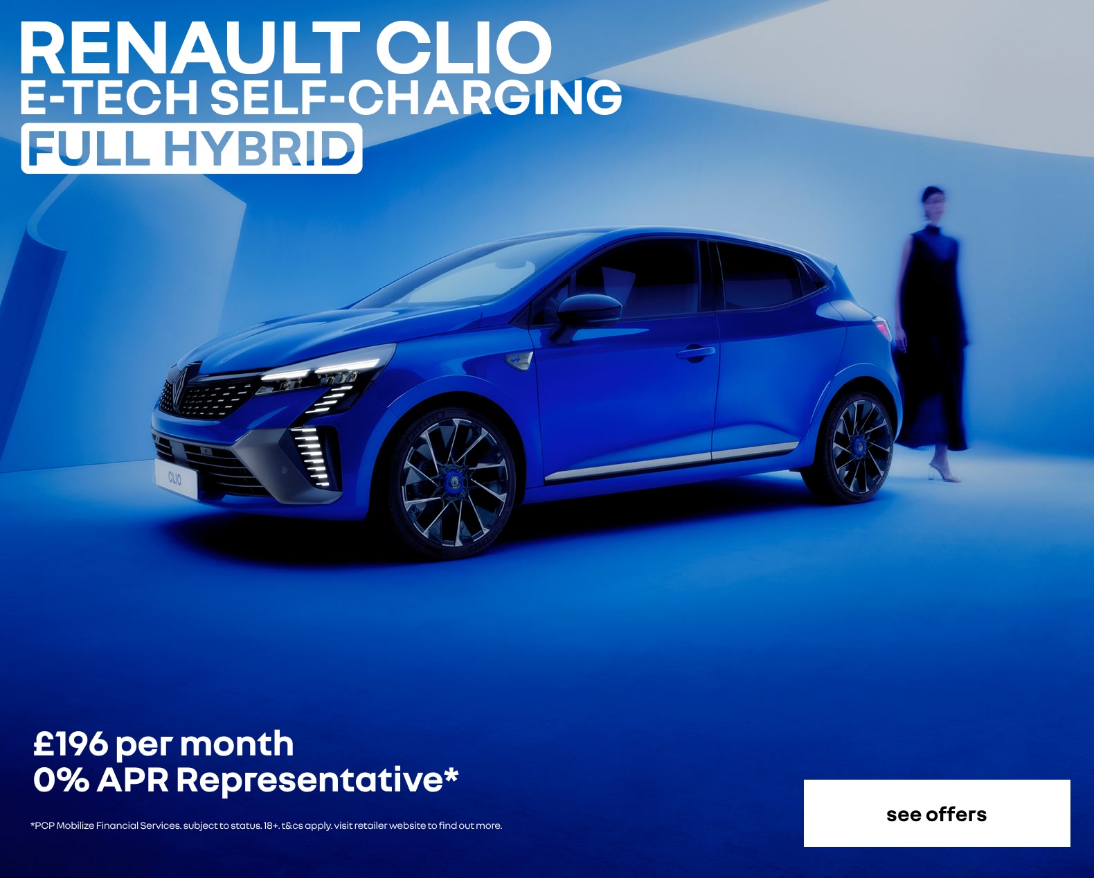 Renault Clio personal contract plan headline offer banner with a call to action to see more offers.