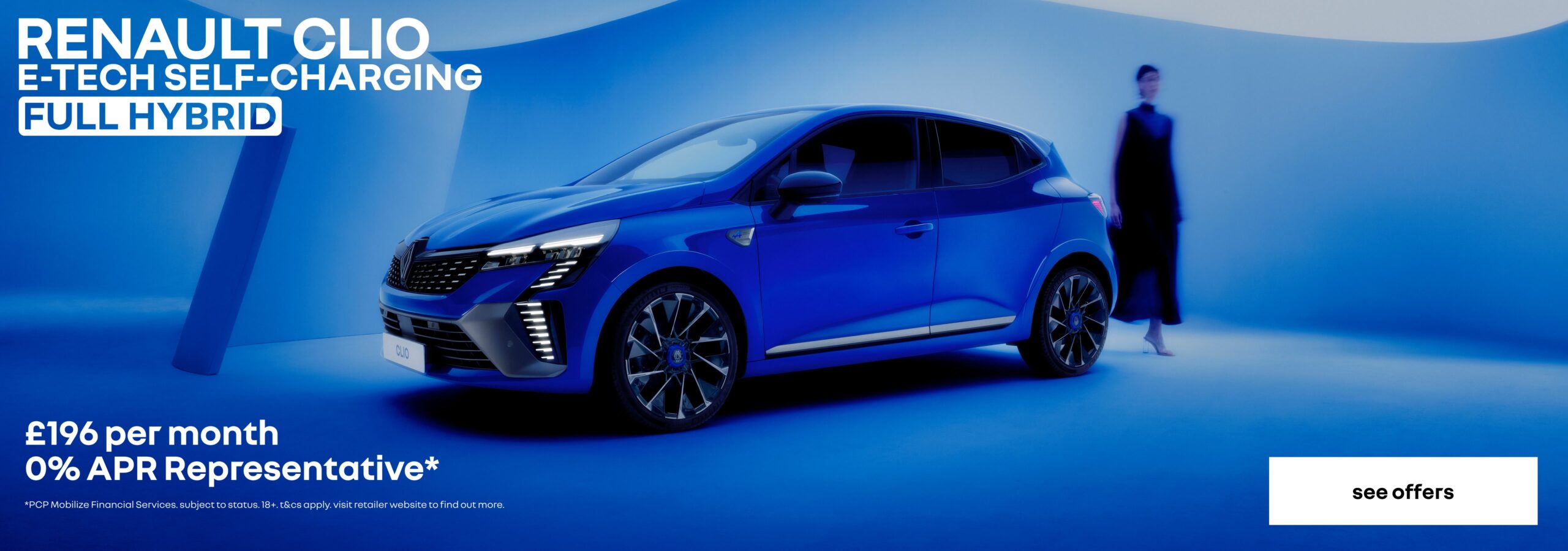 Renault Clio personal contract plan headline offer banner with a call to action to see more offers.