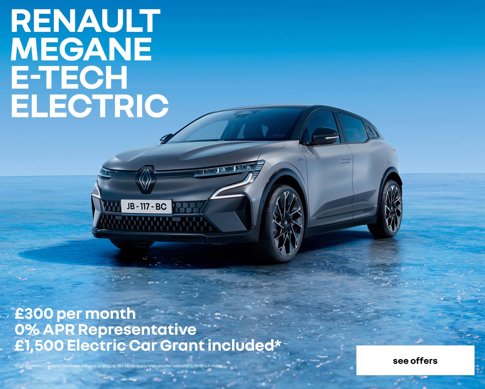 Renault Megane personal contract plan headline offer banner with a call to action to see more offers.