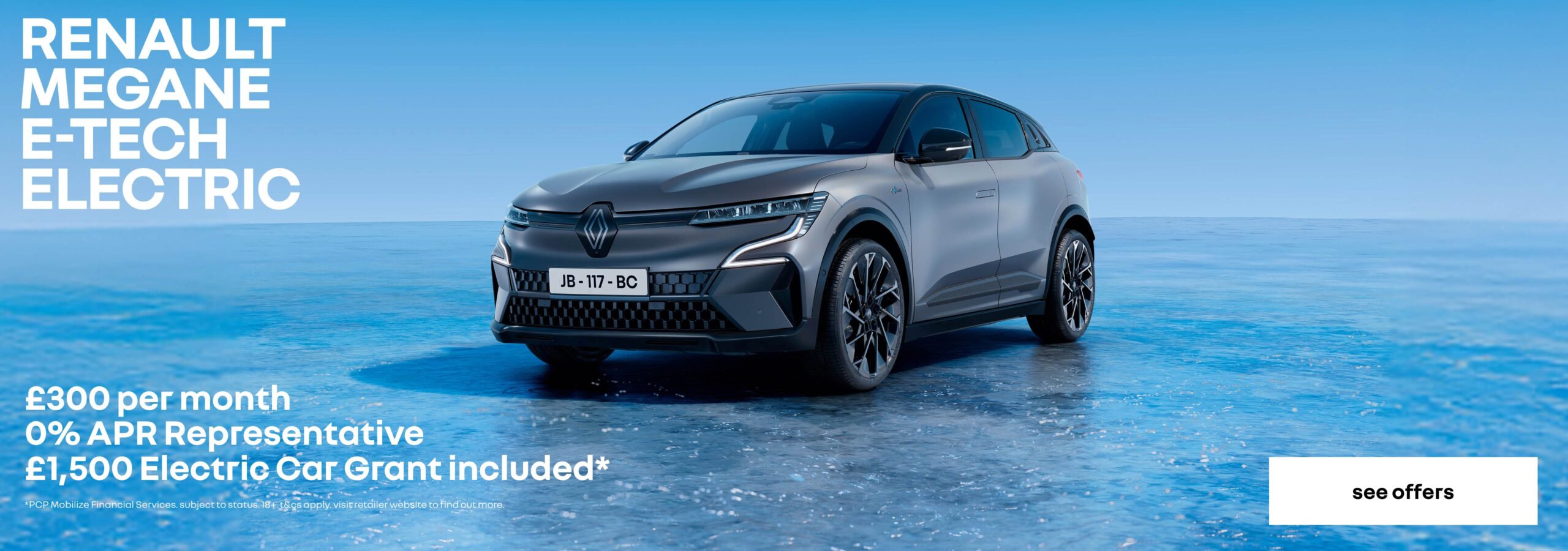 Renault Megane personal contract plan headline offer banner with a call to action to see more offers.