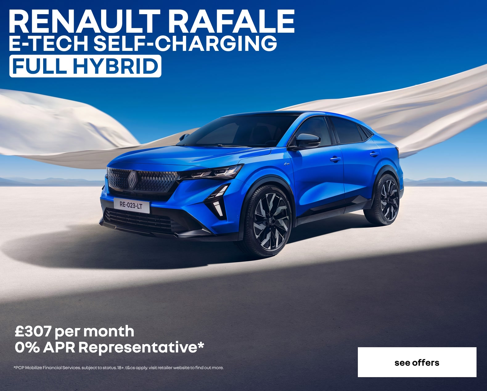 Renault Rafale personal contract plan headline offer banner with a call to action to see more offers.
