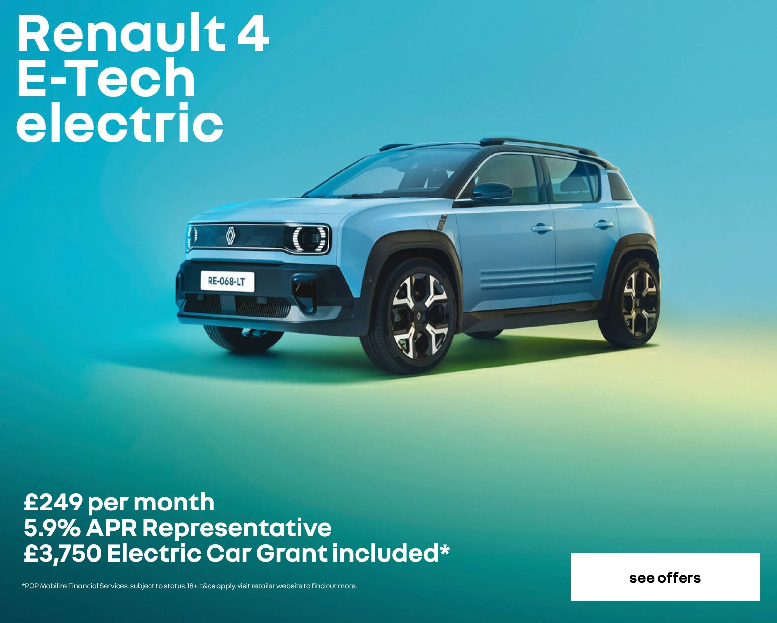 Renault 4 personal contract plan headline offer banner with a call to action to see more offers.