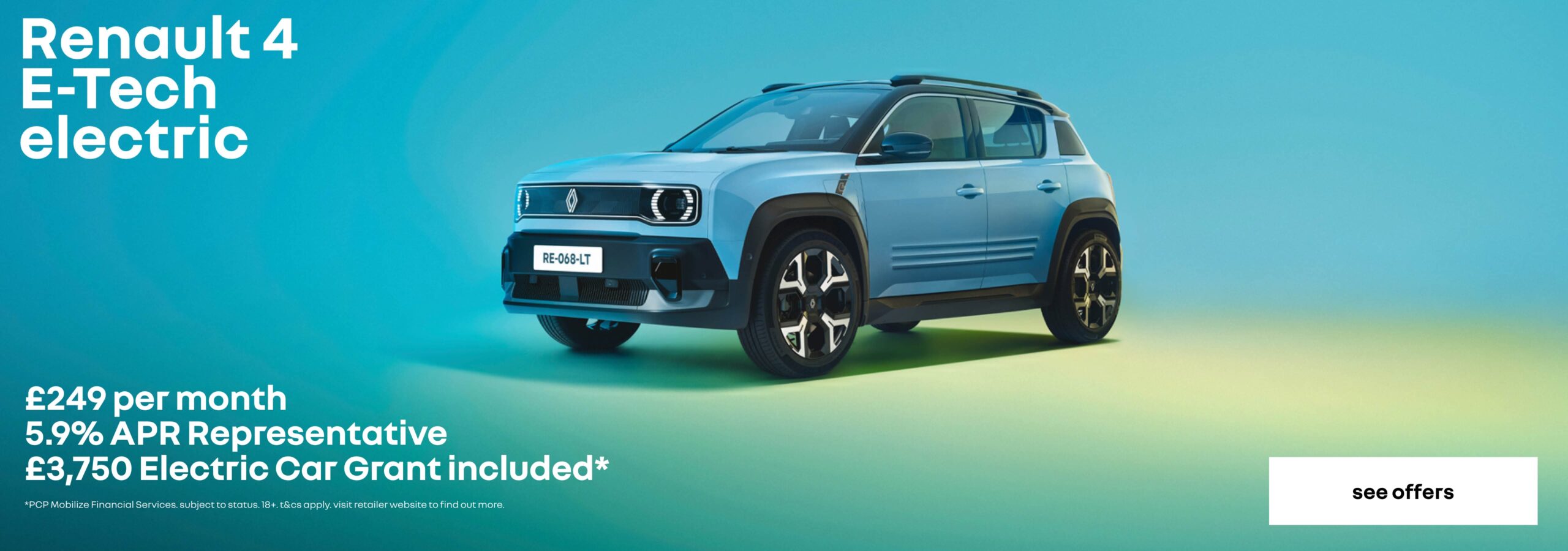 Renault 4 personal contract plan headline offer banner with a call to action to see more offers.