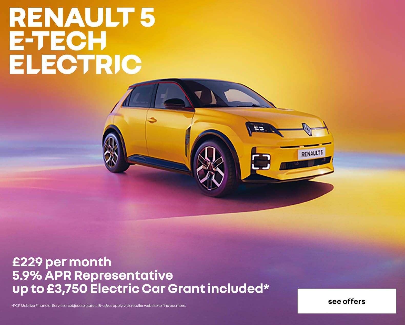Renault 5 personal contract plan headline offer banner with a call to action to see more offers.