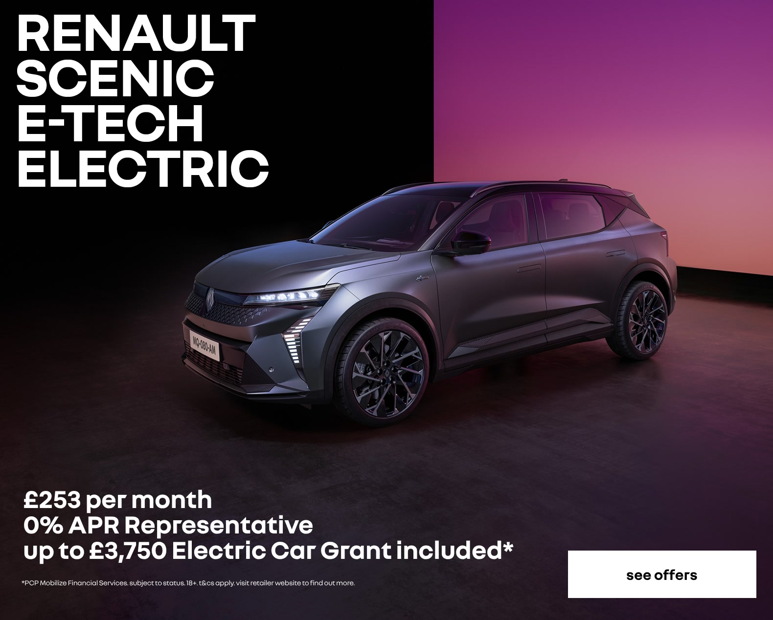 Renault Scenic personal contract plan headline offer banner with a call to action to see more offers.