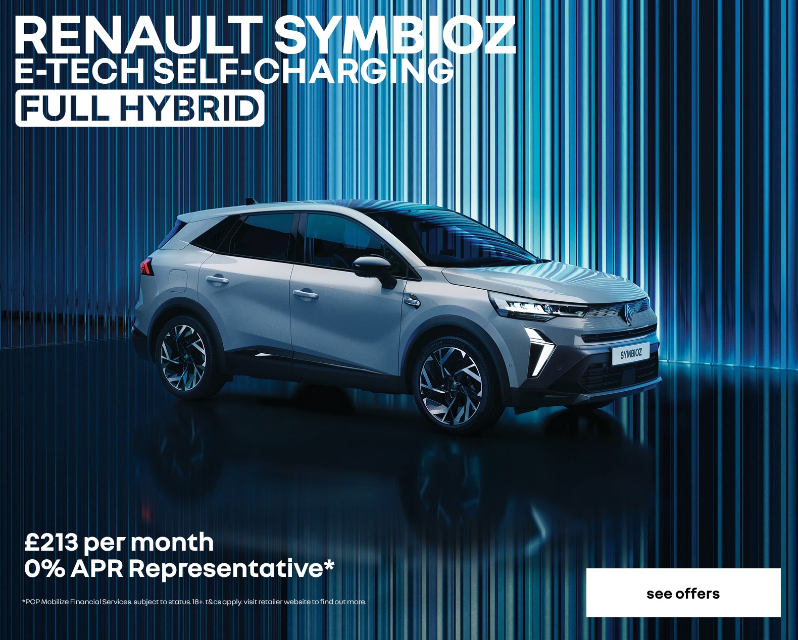 Renault Symbioz personal contract plan headline offer banner with a call to action to see more offers.