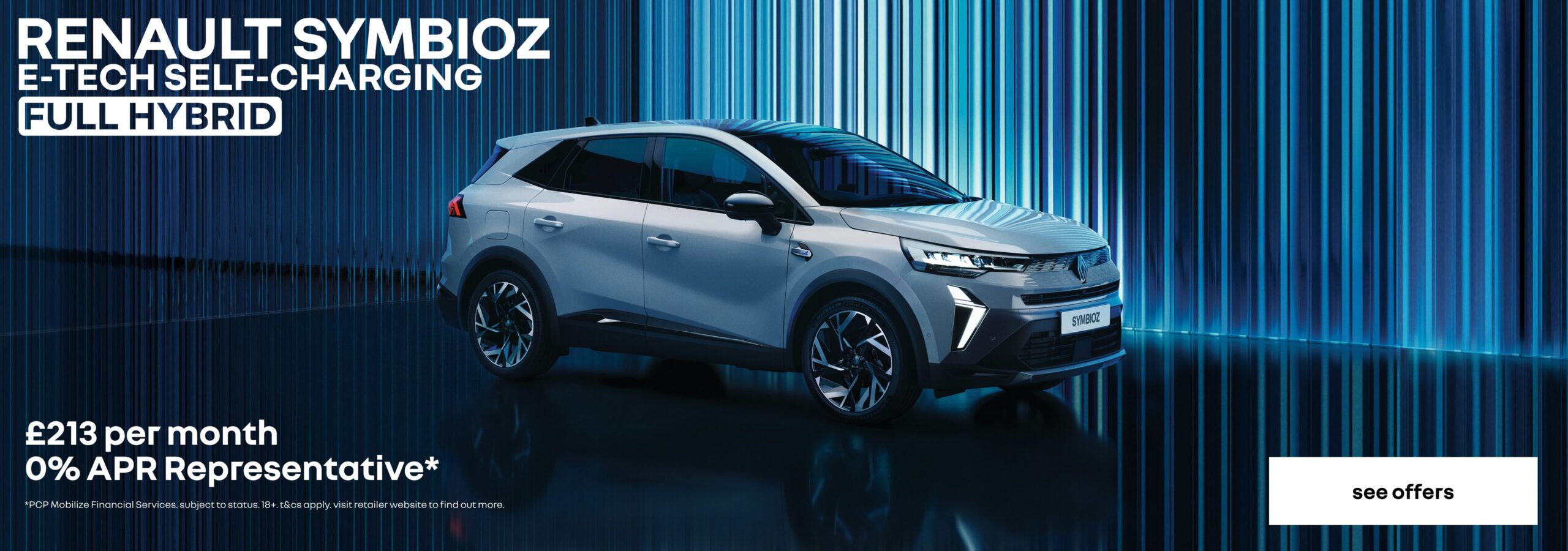 Renault Symbioz personal contract plan headline offer banner with a call to action to see more offers.