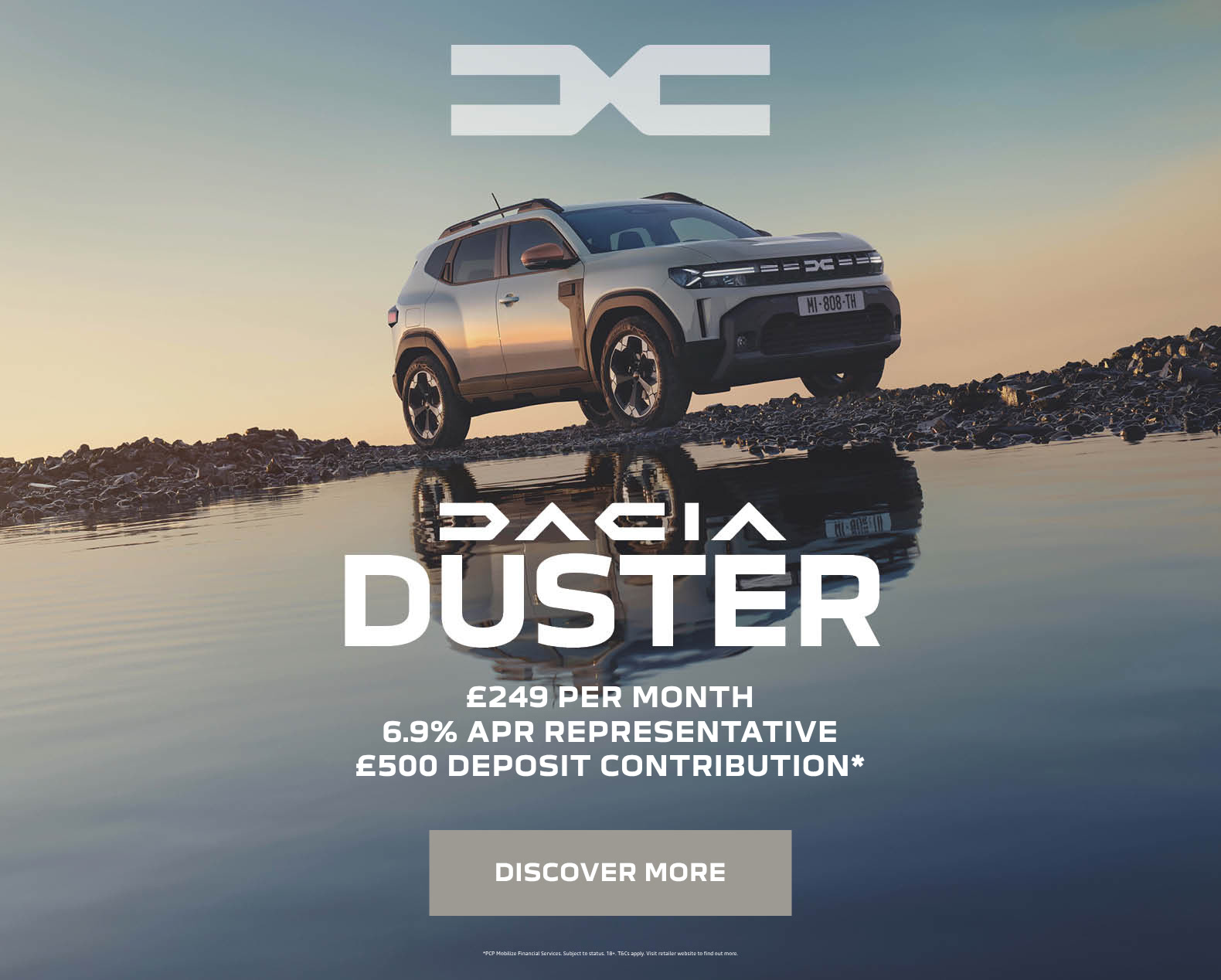 Dacia Duster PCP finance offer from £249 per month, 6.9% APR representative and £500 deposit contribution. Terms and Conditions apply.